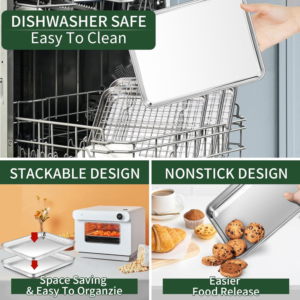 CEKEE Baking Sheet and Cooling Rack Set, 4PCS Stainless Steel Cookie Sheets for Baking with Baking Rack, Non Toxic & Heavy Duty & Easy Clean Baking Pan Tray for Toaster Oven, Size 18 x 12 x 1 Inch