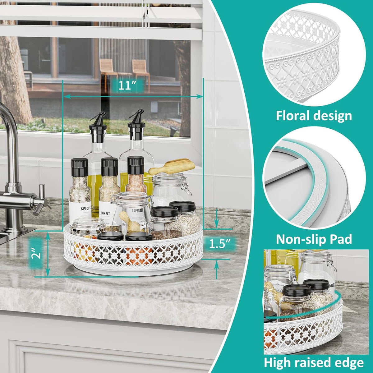Ovicar Lazy Susan Organizer Turntable - 11 inch Rotating Spice Rack Metal Lazy Susan for Cabinet Pantry Kitchen Countertop Dining Table Cupboard Bathroom Refrigerator Vanity (11 inch White)