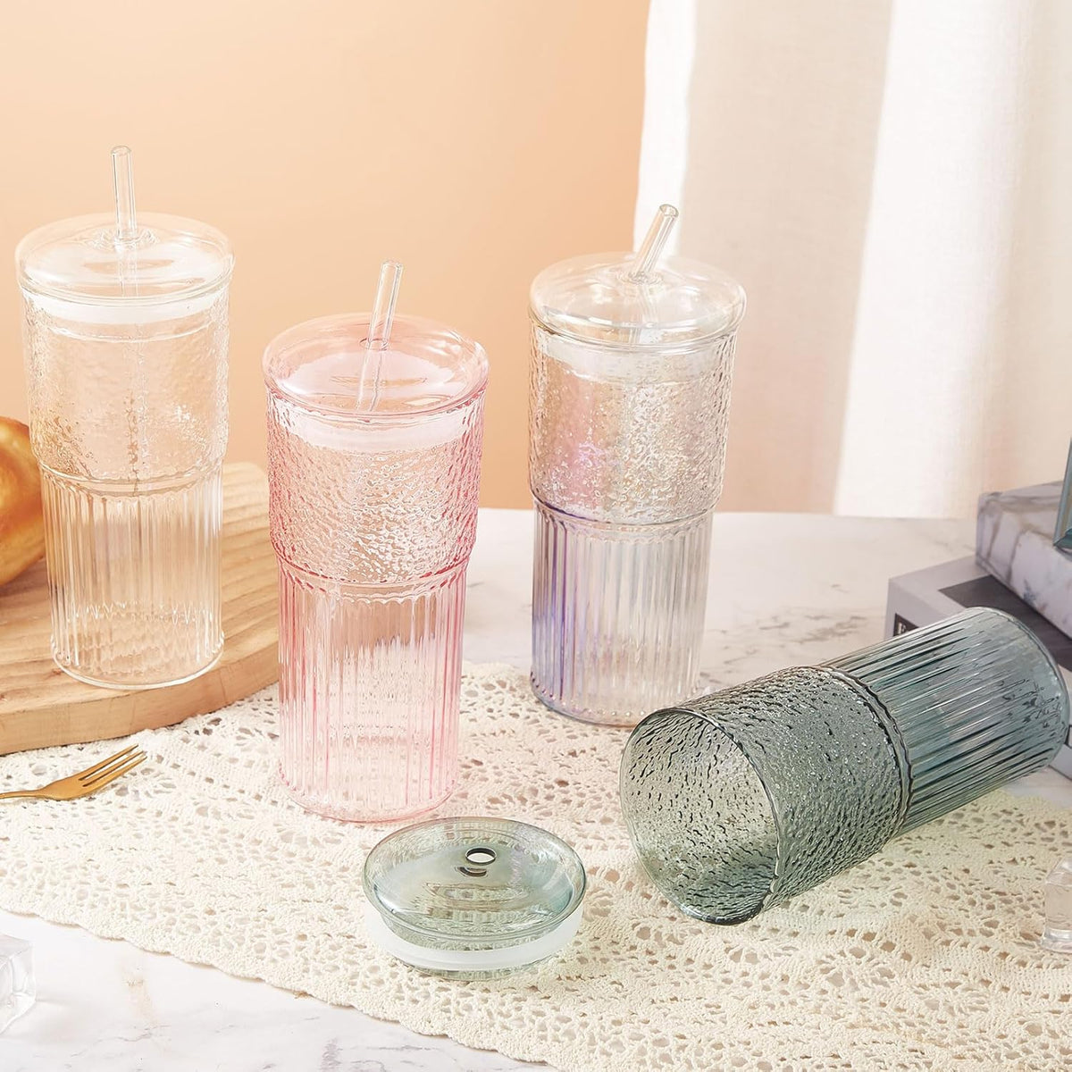 GOSCHE 20oz Glass Cups with Straws and Lids, Drinking Jar 2 Packs, Iced Coffee Cups Glass Tumblers for Water Smoothie Milkshake, Iridescent