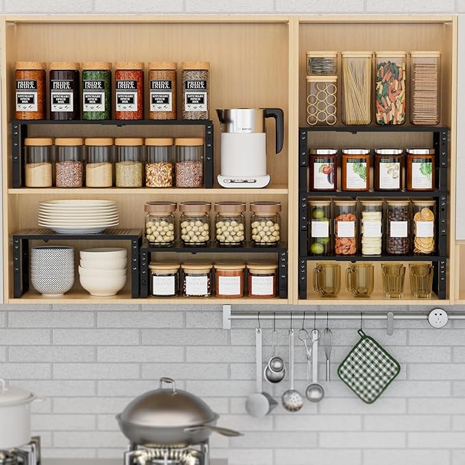 Expandable Spice Rack Kitchen Cabinet Shelf Organizer, Stackable Storage Shelves Racks, Adjustable Counter Shelving for Cabinets, Countertop, Cupboard,Pantry and More(1Pack/Black/Large)