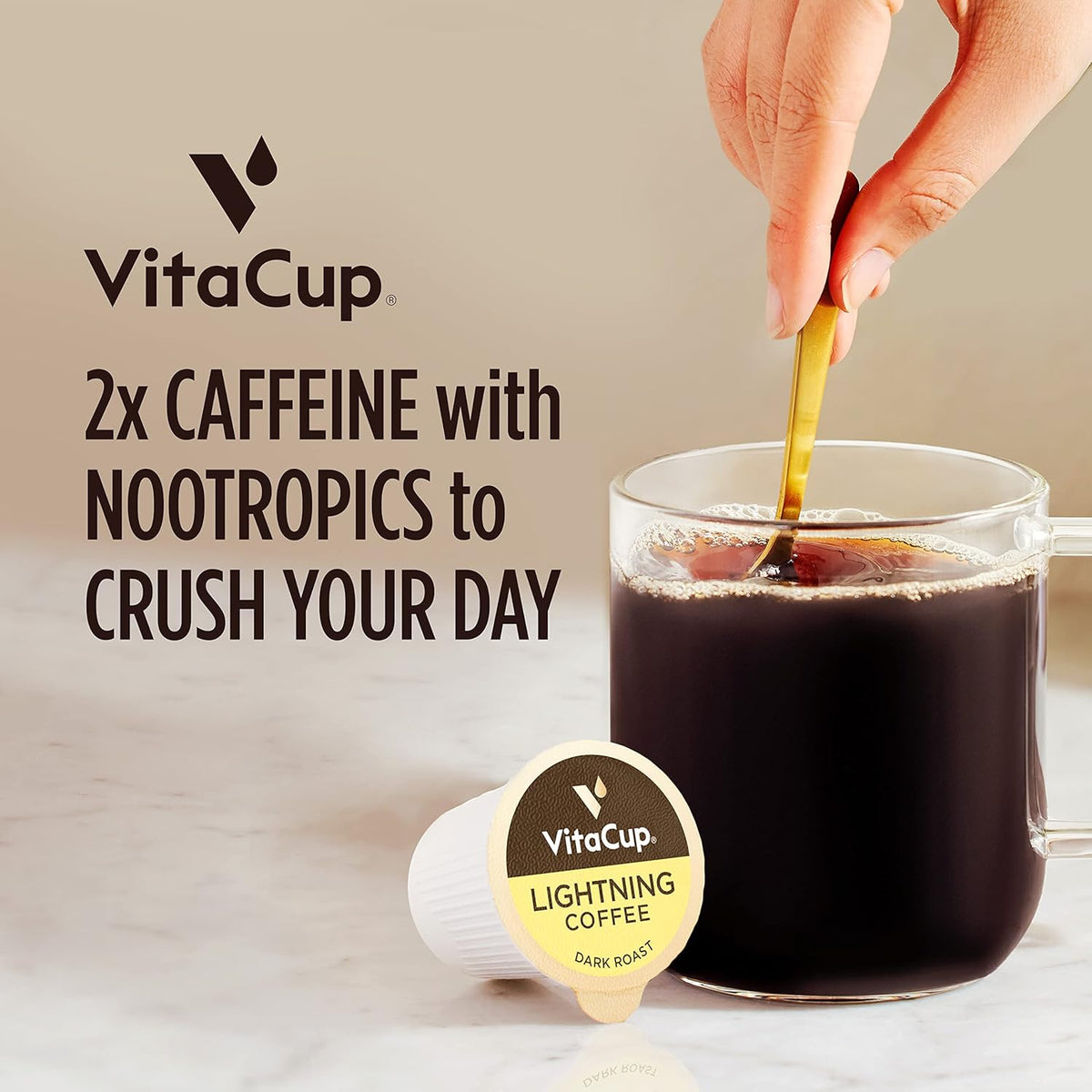 VitaCup Lightning Coffee Pods, for Focus w/ 2X Caffeine, Green Coffee Bean, B Vit, D3, Strong Dark Roast Arabica Beans, Single Serve Pod Compatible with Keurig K-Cup Brewers, 64 Ct (4 Pack of 16 ct)