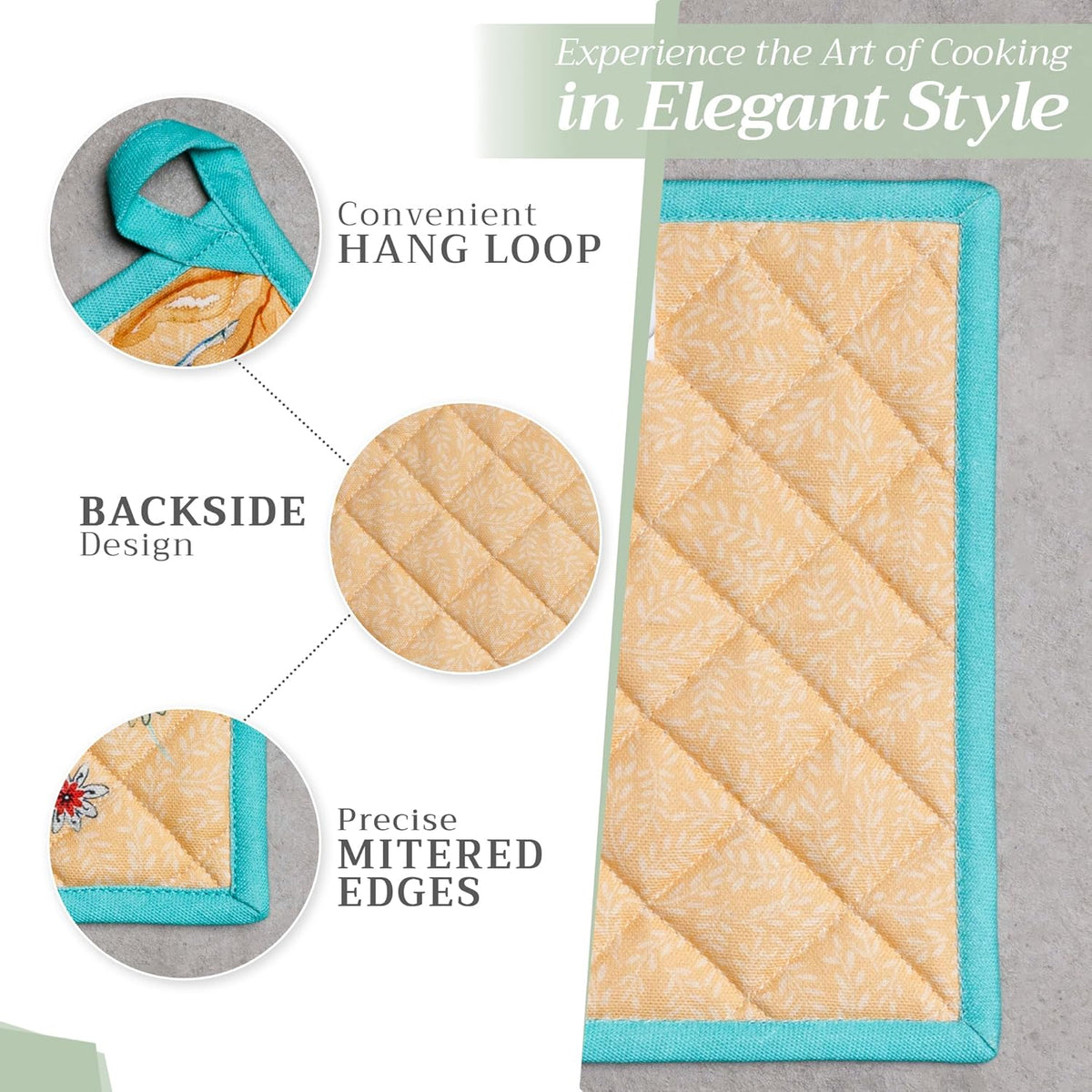 Maison d' Hermine 100% Cotton Oven Mitt & Pot Holder Set (7.5"x13" & 8"x8") Heat Resistant BBQ Cooking Gloves with Loop, Baking, Grilling, Kitchen, Handling Hot Pan Spring/Summer (Luxury Loft – Peach)