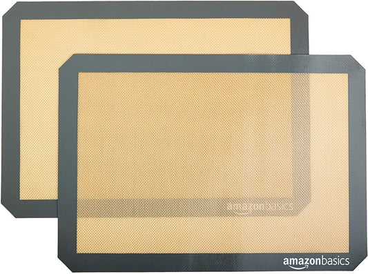 Amazon Basics Silicone Rectangular Baking Mat, Non-Stick Reusable Oven Bakeware, 16.5" x 11.6", New Beige/Gray, Pack of 2