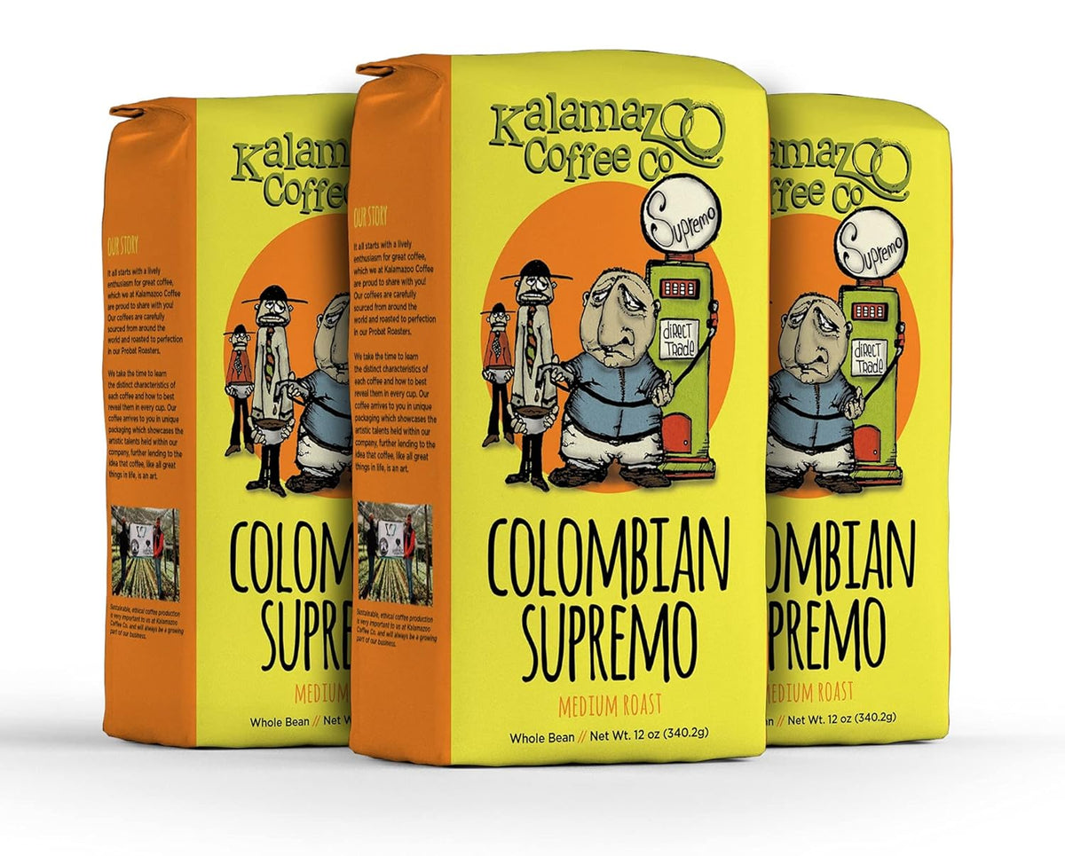 KALAMAZOO COFFEE COMPANY Colombian Supremo Whole Bean Coffee - Medium Roast | 12oz Bag (3 Pack)