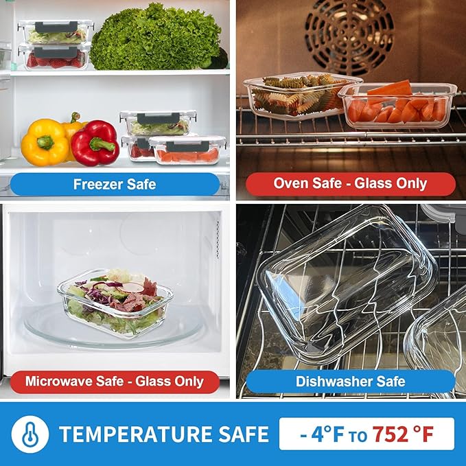 12 Pack 22oz Glass Meal Prep Containers, Food Storage Containers with Lids, Air-Tight, Leak-Resistant, Freezer to Microwave Safe - Grey Set