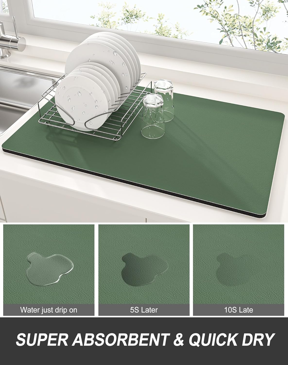 Rnivvi Dish Drying Mat for Kitchen Counter, XL 15 x 24" Super Absorbent Drainer Pad Easy Clean Dish Rack Pad, Non-Slip Heat Resistant Coffee Bar Mat for Coffee Machine Station Accessories,Forest Green
