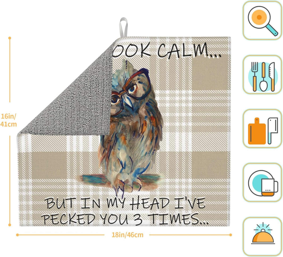 Funny Owl Dish Drying Mat for Kitchen Counter Cute Buffalo Plaid Drying Mat Washable Absorbent Reversible Microfiber Drying Pad Kitchen Accessories 16"x18"