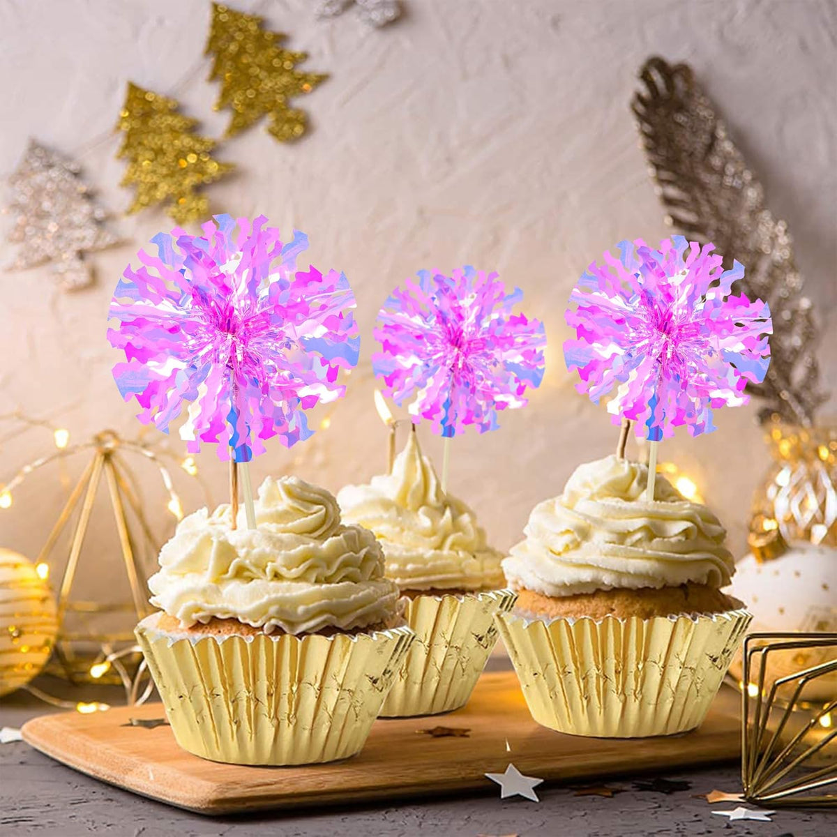 Ephlyn 30Pcs Foil Firework Cupcake Toppers Happy Birthday Cake Toppers Tinsel Flower Drink Stirrers Cocktail Food Fruit Toothpicks for Valentine's Day Party Decorations Rose Red