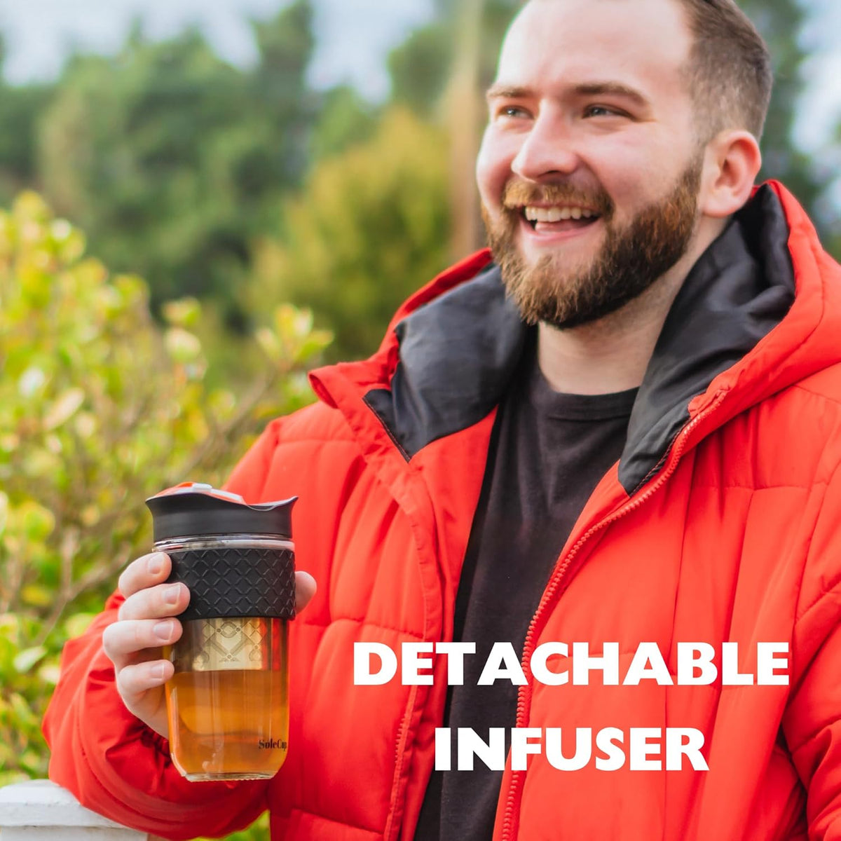 Large Travel Mug Loose Tea Infuser - Detachable Tea Strainer with Spill Proof Lid - 18oz/530ml BPA-Free Reusable Glass Travel Coffee Cup with Silicone Band (Grey and Blue)