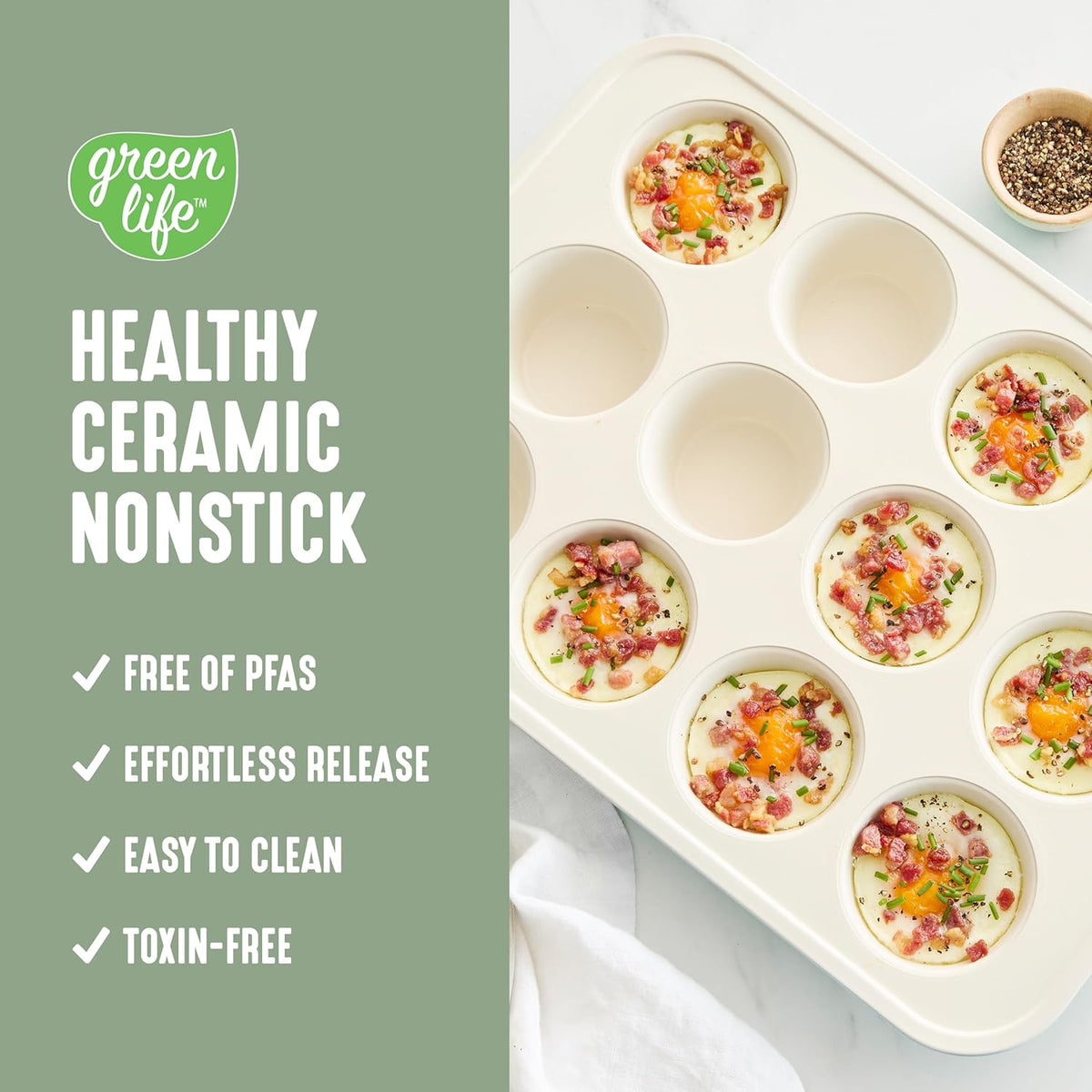 GreenLife 12-Cup Muffin Pan, Healthy Ceramic Nonstick Bakeware, PFOA & PFAS-Free Cupcake Tray, Durable Baking Pan, Versatile Kitchen Essential, Easy Clean Muffin Mold, Nonstick Baking Sheet, Sage