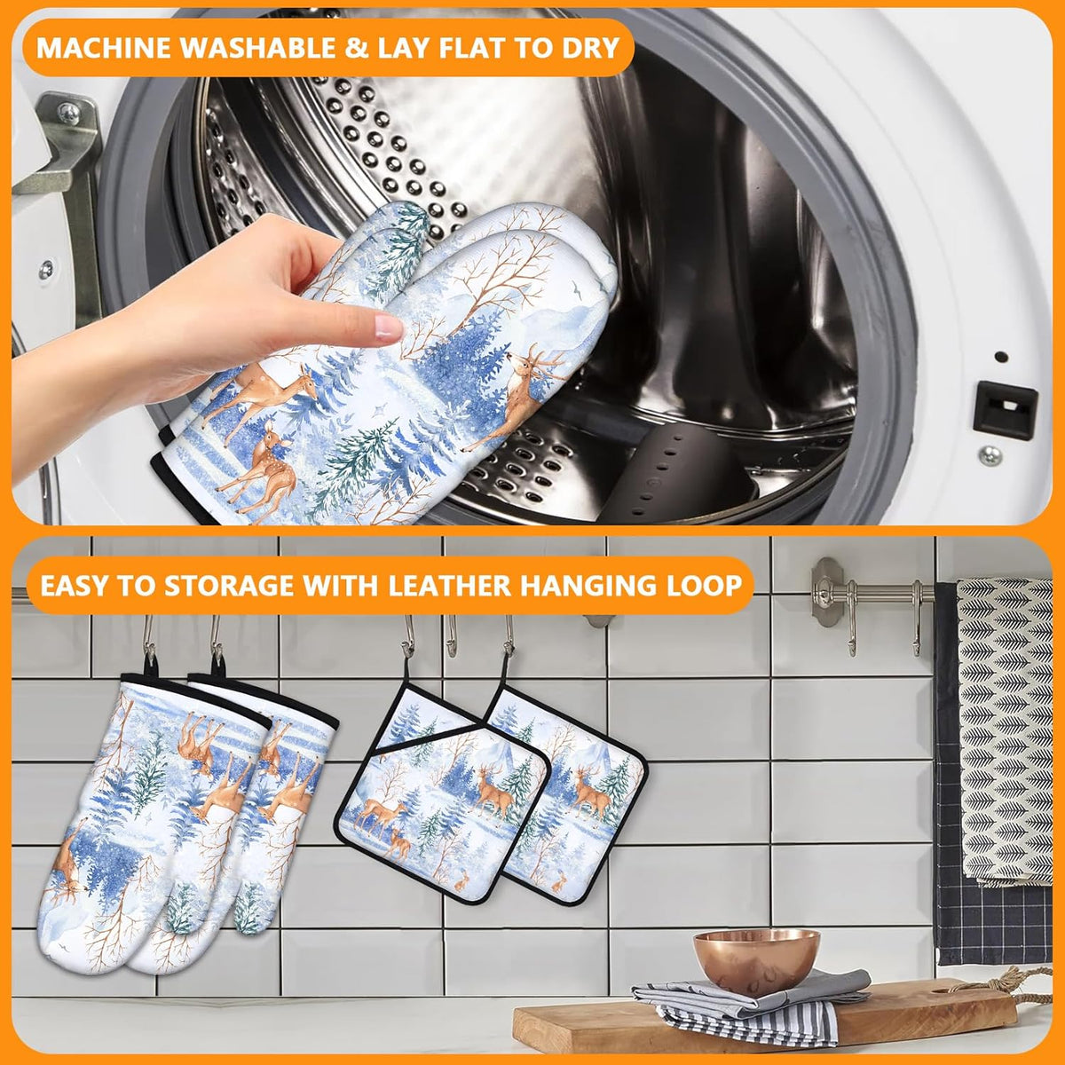 Deer Mitts and Pot Holders Sets 4Pcs,Extra Long Oven Gloves Potholder for Kitchen Cooking Baking BBQ 100% Cotton Heat Resistant