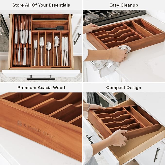 Premium Silverware, Flatware and Utensil Organizer for Kitchen Drawers, Food-Safe Contract Grade, Expandable from 10.5 to 19 In, Natural Acacia