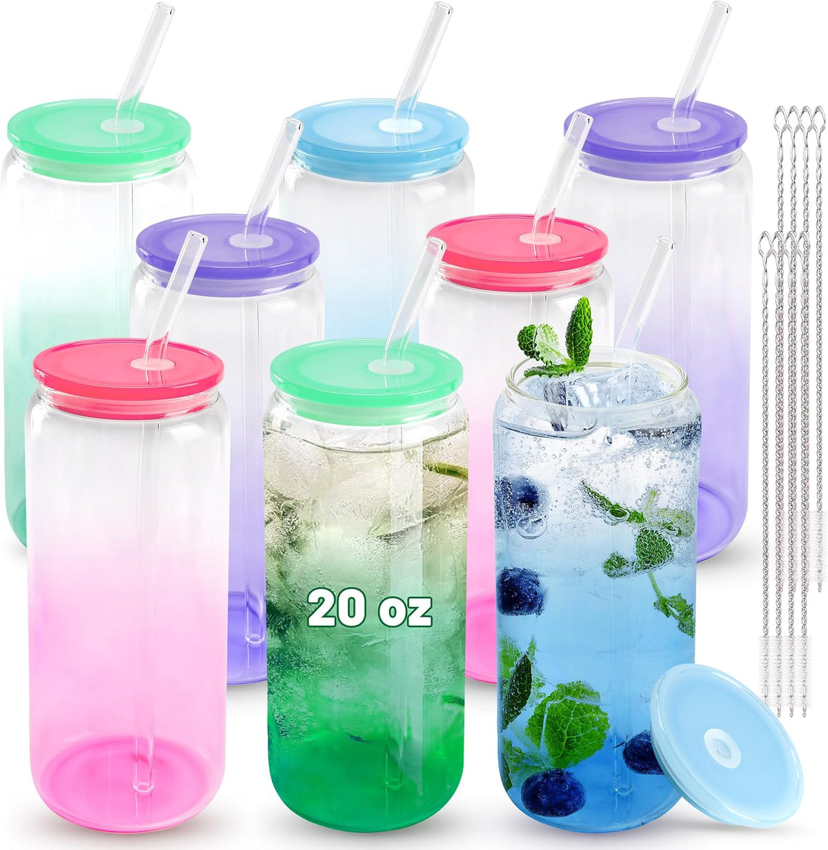 Joyclub 20oz Glass Cups with Acrylic Lids and Straws 8 Set Can Shaped Glass Iced Coffee Cups with Lids, Gradient Drinking Glasses Cute Tumbler Cup Great for Smoothie Soda Boba Tea Cocktail Beer Gift