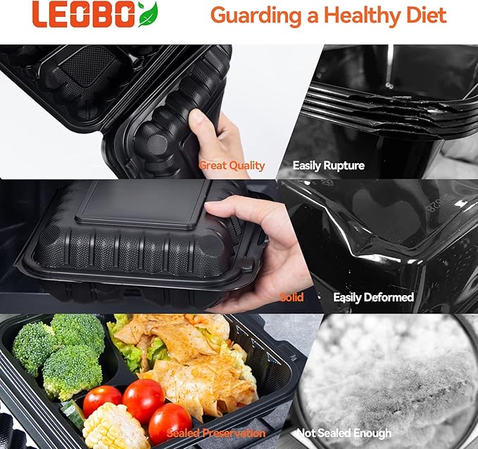 Food Containers Mineral Filled PP Plastic - 55 Pack 34oz 8 Inch | Shrink Wrap BPA Free Lunch Boxes | Freezer & Microwave Safe for Meal Prep | Black 3 Compartment Disposable Takeout Container