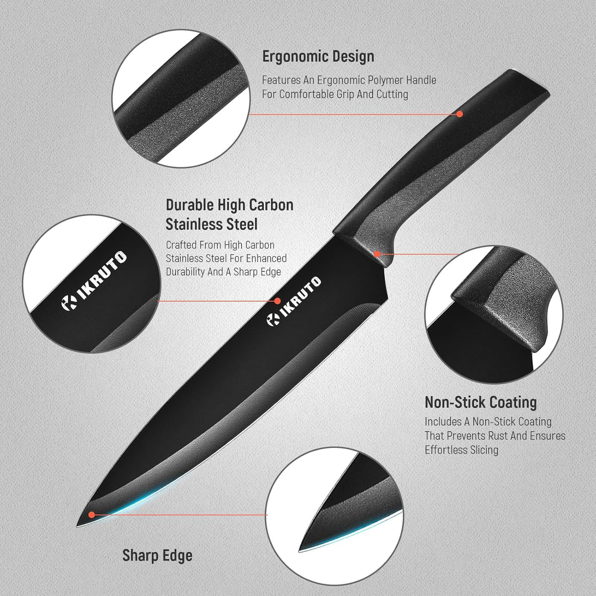15-Piece Kitchen Knife Set with Block – Chef Knives, Utility Knives, Steak Knives, and Built-In Sharpener (Black and Gray)