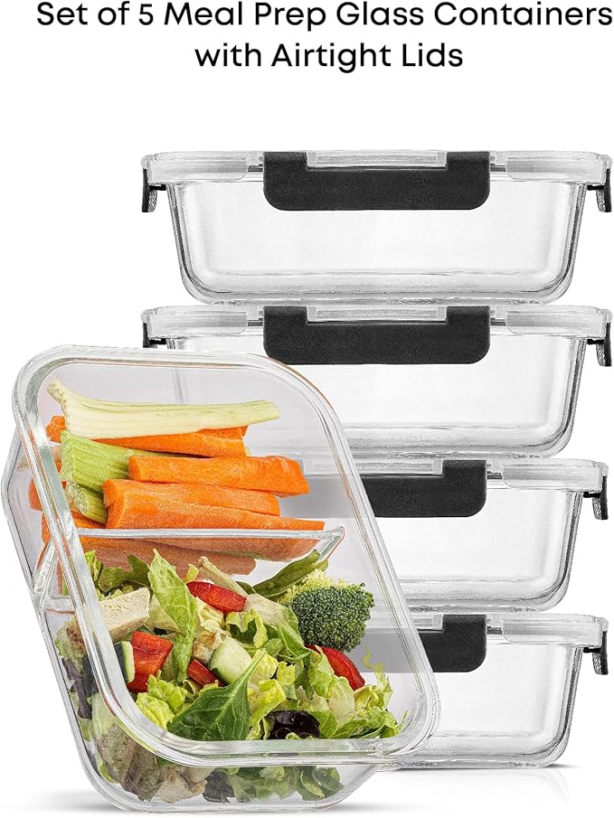JoyJolt Divided Food Storage Containers with Lids Airtight. 5 Pack Glass Meal Prep Containers 2 Compartment Set Glass Bento Box. Reusable Food Containers, Portion Control Containers for Weight Loss