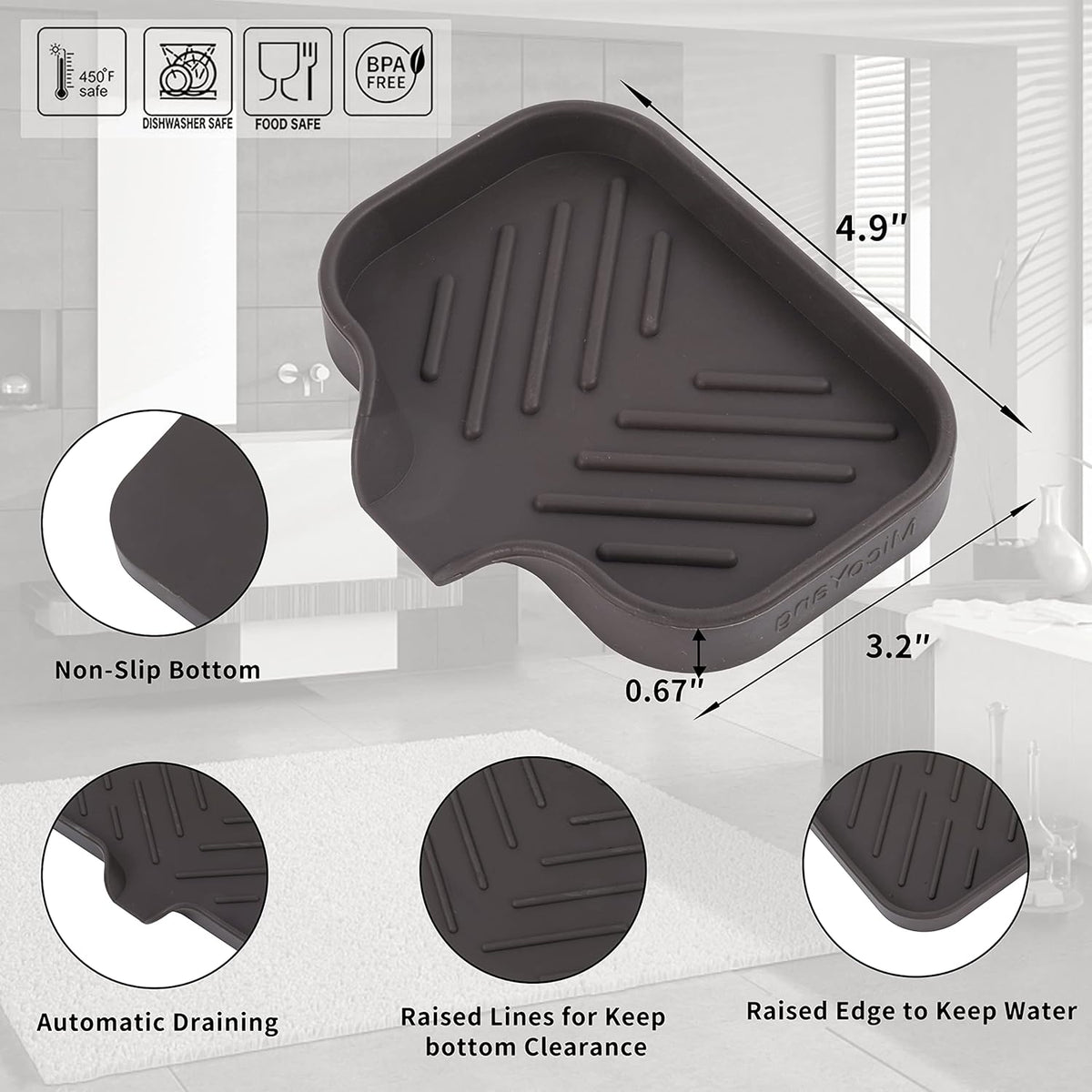Silicone Bathroom Soap Dishes with Drain Spout-Bathroom and Kitchen Sink Organizer,Sponge Holder,Dish Soap Tray,Perfect for Dispenser,Scrubber,Bottle,Cup on Sink or Counter-Coffee 4.9"×3.2"