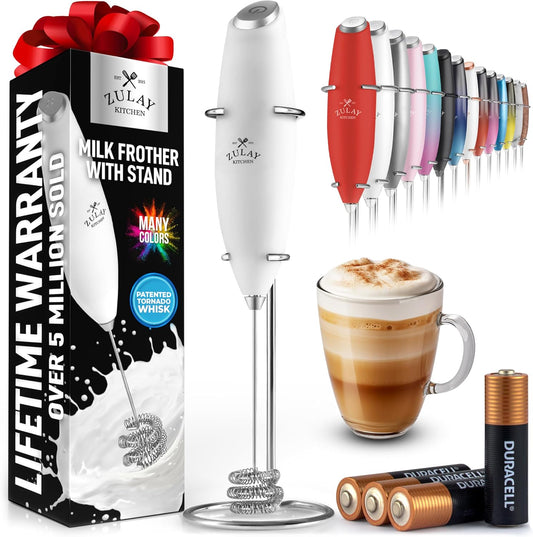 Zulay Kitchen Patented Tornado Triple Whisk Milk Frother with 4 Duracell Batteries – Handheld Foam Maker for Coffee, Lattes, Matcha & Hot Chocolate – Rich, Creamy Froth in Seconds