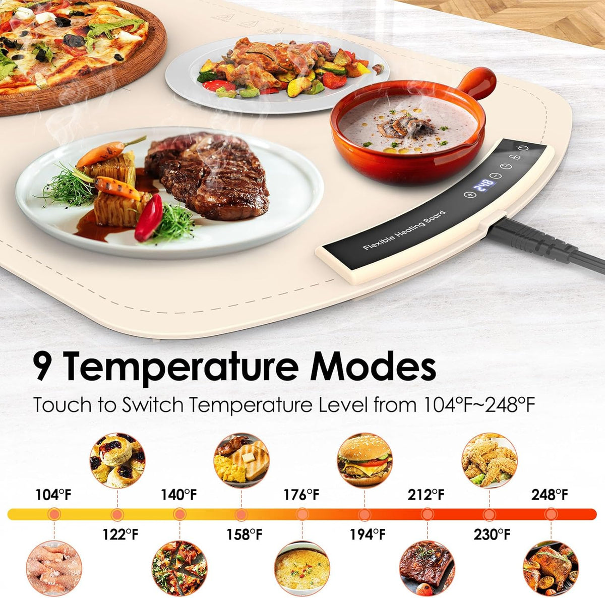 Food Warming Mat, Electric Warming Tray for Buffets & Parties, Silicone Heating Mat for Food with 9 Temperature Settings, Roll-Up Storage, 25.8"x15.6"