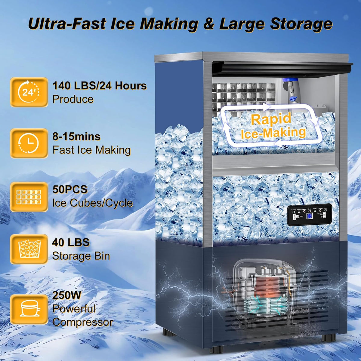 Commercial Ice Maker Machine, 140 lbs/24H with 40 lbs Storage Bin, Built in Ice Machine with 2-Water Inlet Options, Stainless Steel Under Counter Freestanding Ice Maker for Home, Bar, and Restaurant