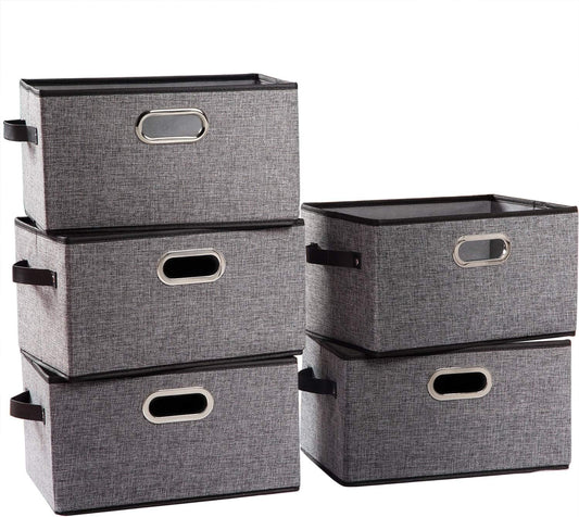 PRANDOM Large Collapsible Storage Baskets for Closet [5-pack] Decorative Fabric Storage Bins Cubes with Leather/Metal Handles for Shelves Bedroom Living Room Grey (14.9x9.8x8.3 Inch)