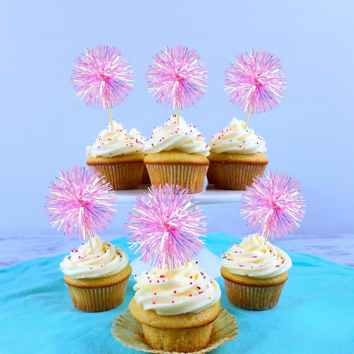 Ephlyn 30Pcs Foil Firework Cupcake Toppers Party Birthday Cake Toppers Supplies Sparkle Tinsel Cocktail Fruit Toothpick for Birthday Wedding Graduation Party Rose Red