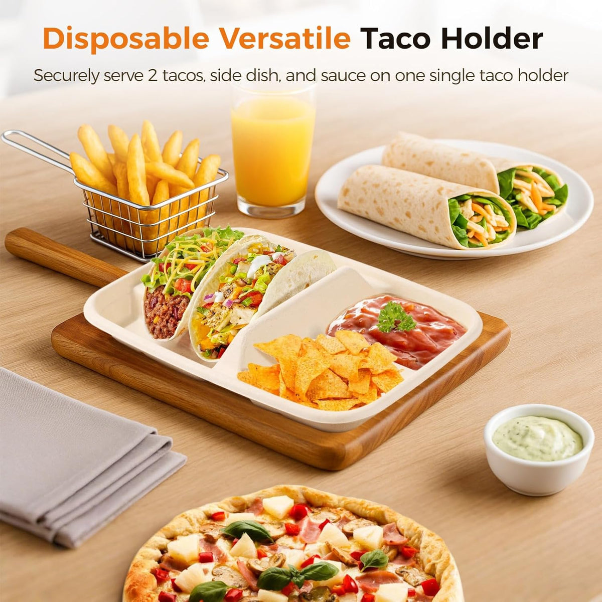 100 PCS Taco Plates Disposable, Bagasse Pulp 2-Slot Taco holder with Side Compartments, Safe Plant Fiber Tray for Taco Tuesday, Party, Sandwich, Hot Dog, Sauce & Snack Serving (With Compartments)