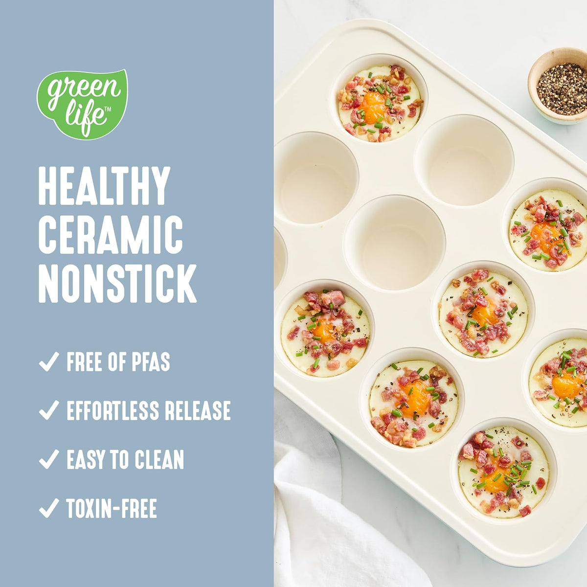 GreenLife 12-Cup Muffin Pan, Healthy Ceramic Nonstick Bakeware, PFOA & PFAS-Free Cupcake Tray, Durable Baking Pan, Versatile Kitchen Essential, Easy Clean Muffin Mold, Nonstick Baking Sheet, Blue Haze