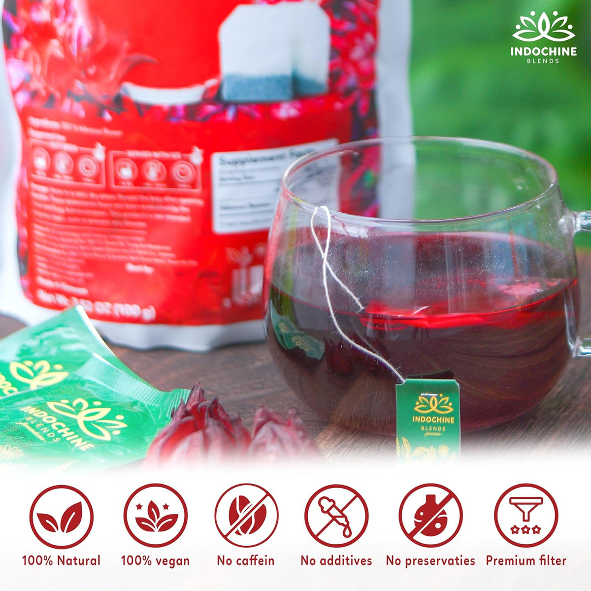Indochine Blends Hibiscus Tea Bags | 100% Pure Hibiscus Flower | Sugar-Free, Caffeine-Free Herbal Tea | Double Chamber, Individually Wrapped Tea Bags| Rich in Natural Goodness and Flavor | 3.5 oz | 50 Tea Bags