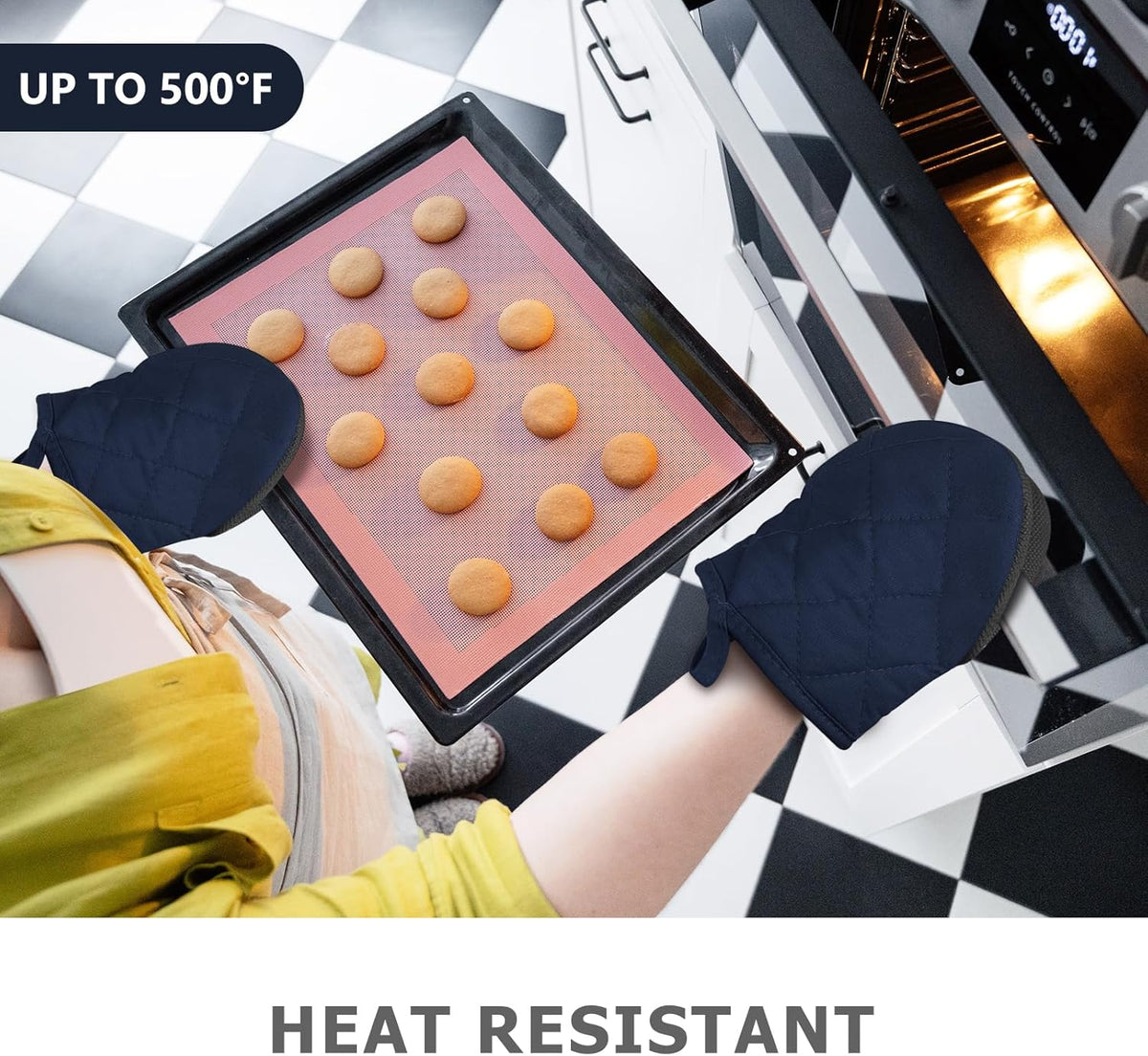 1 Pair Short Oven Mitts - Silicone Kitchen Oven Gloves High Heat Resistant 500℉, Mini Oven Mits with Non-Slip Grip Surfaces and Hanging Loop for BBQ, Baking, Cooking and Grilling (Dark Blue)