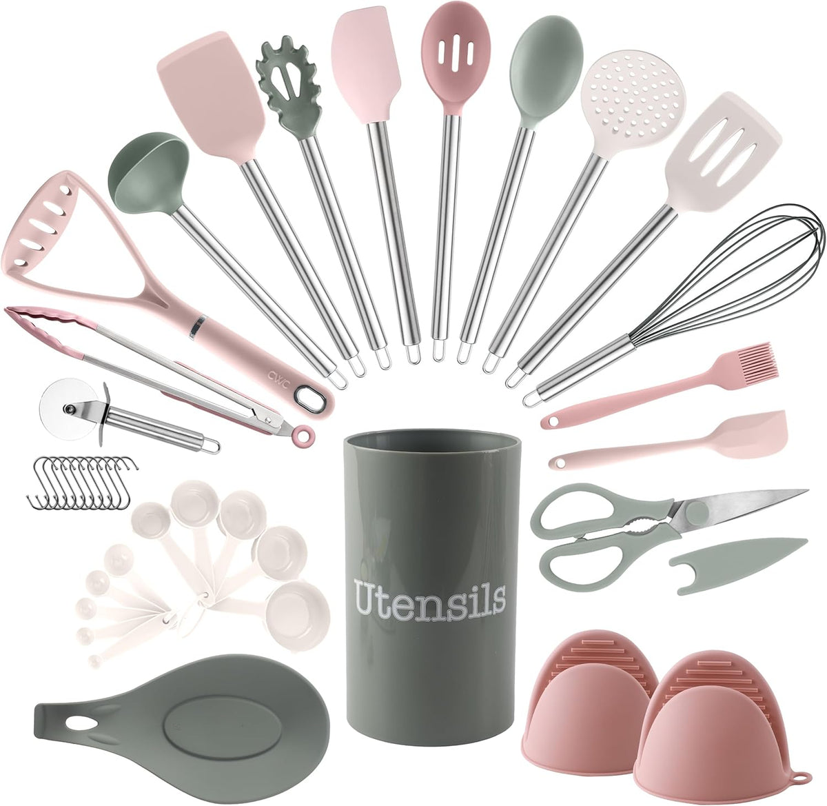 COOK WITH COLOR Silicone Cooking Utensils, Kitchen Utensil Set, Easy to Clean Silicone Kitchen Utensils, Cooking Utensils for Nonstick Cookware, Kitchen Gadgets Set, 38 Piece, Mint