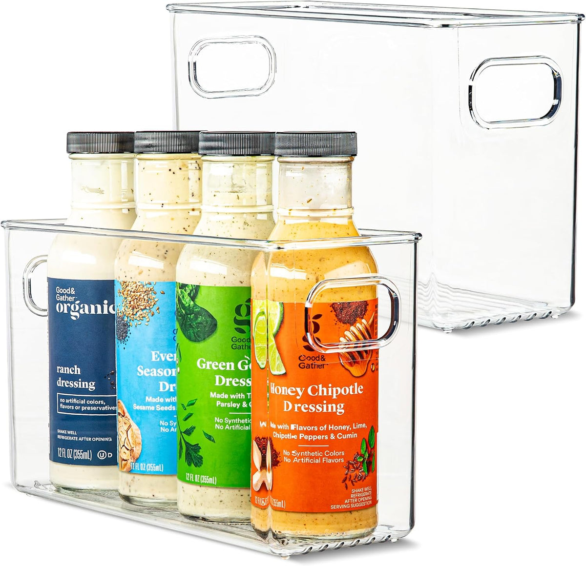 Plastic Food Storage 2 Pack Clear Container Bin with Handles for Organizing Kitchen, Pantry, Refrigerator, Freezer, Pantry, Cabinet, Closet, Bathroom. 10”x4”x6”