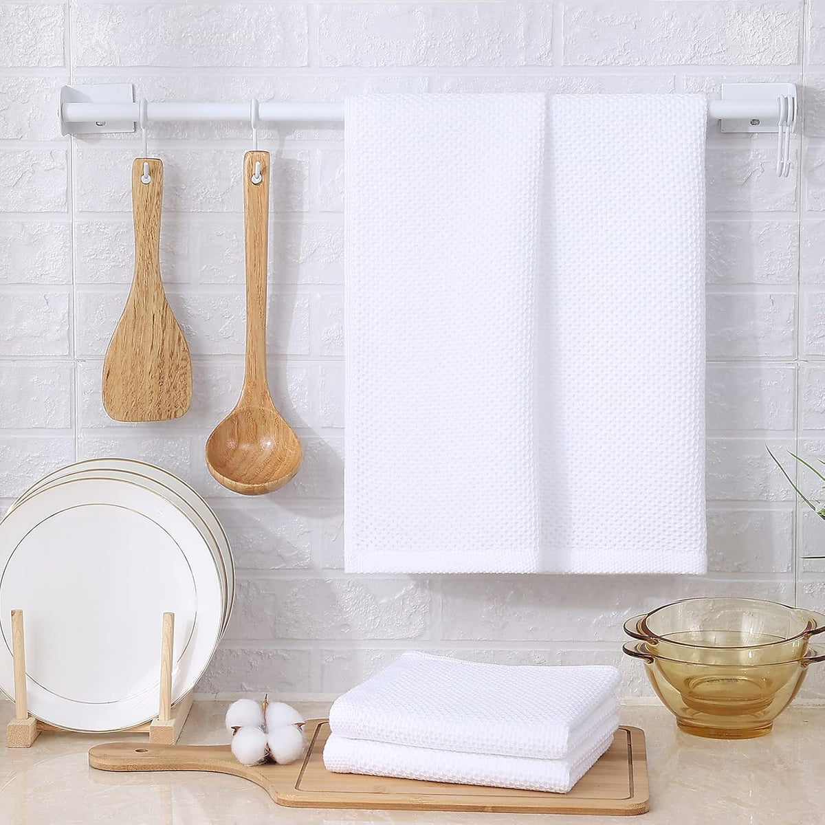 Kitinjoy 100% Cotton Waffle Weave Kitchen Towels, 4-Pack Super Soft and Absorbent Dish Towels for Drying Dishes, Kitchen Hand Towels, 13 in x 28 in, White