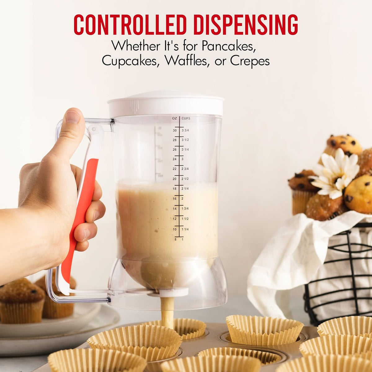 Kid Friendly Mess Free Pancake Cupcake Batter Dispenser Squeeze Handle for Precise Portion Control, Great for Waffles, Crepes | 4 Cup Capacity (White)