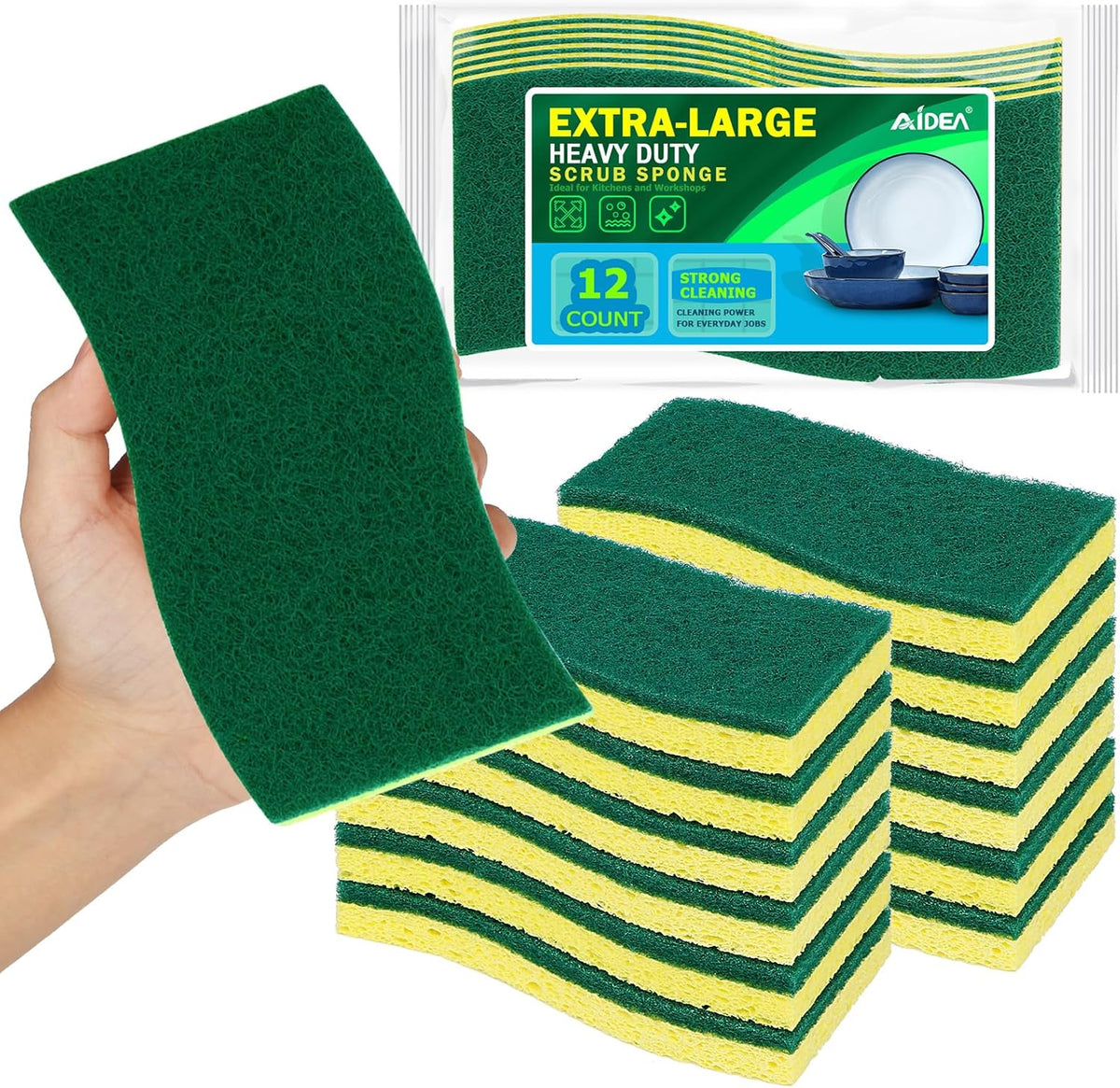AIDEA XL Scrub Sponges Heavy Duty 12Count, Sponges for Dishes, Extra Large Sponge for Cleaning Kitchen and Household, Heavy Duty Sponge Safe for Non-Coated Cookware, Cleaning Power for Bathroom, House