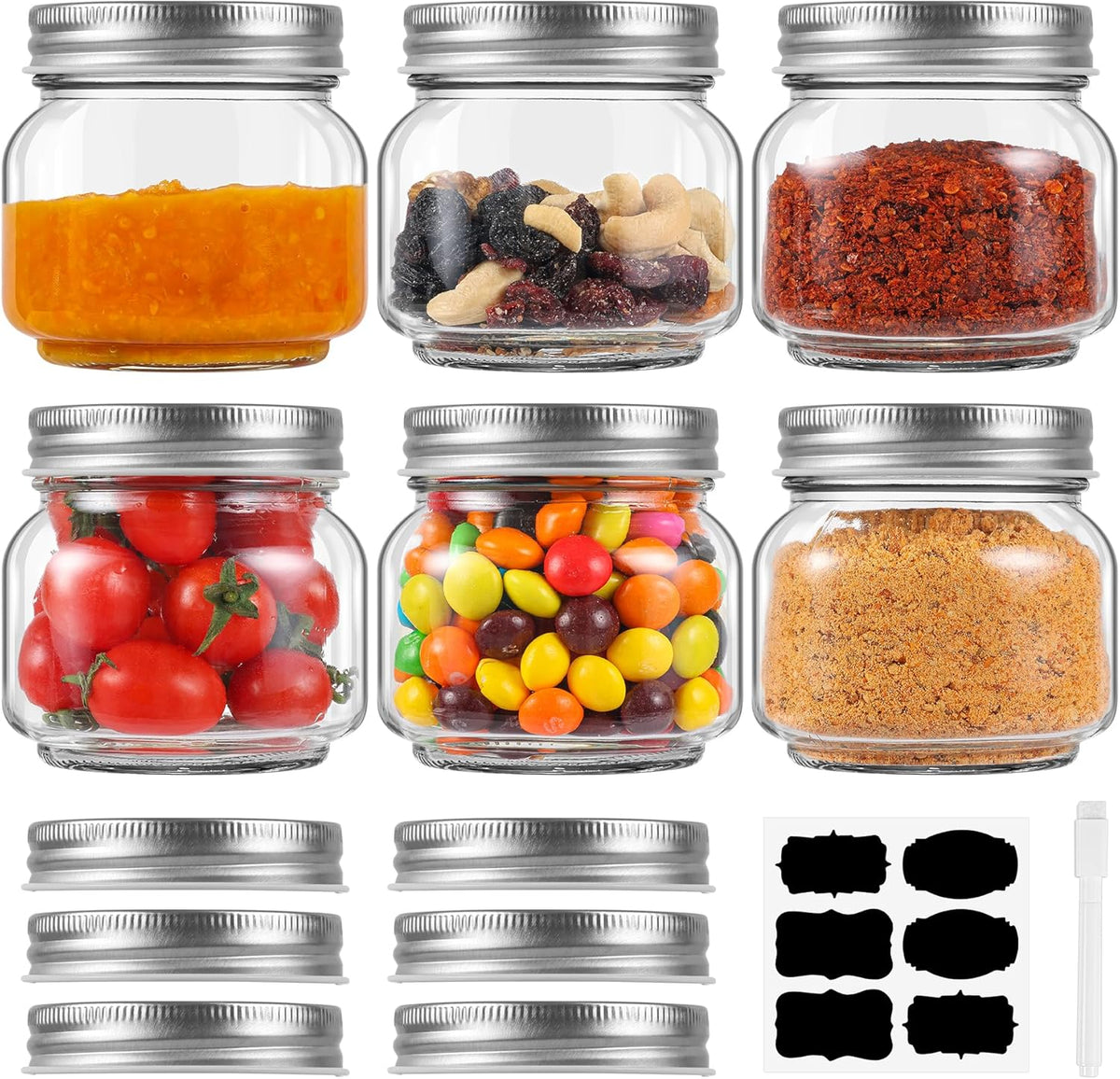 12 Pack Small Mason Jars with Labels, 8 oz Glass Jars with Metal Lids, Half Pint Canning Jars for Jelly, Jam, Honey, Pickles, Spice, Overnight Oats, Food Storage, Candle & DIY Present