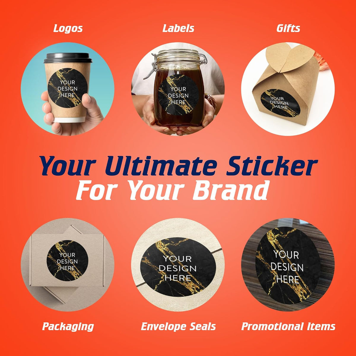 100 Custom Vinyl Stickers - Upload Your own Image, Text, Design, Logo - Personalized Logo Labels for Handmade, Packaging, Bottle, Jars, Candle, Brand Stickers (Black Gold Marble, 5x5)
