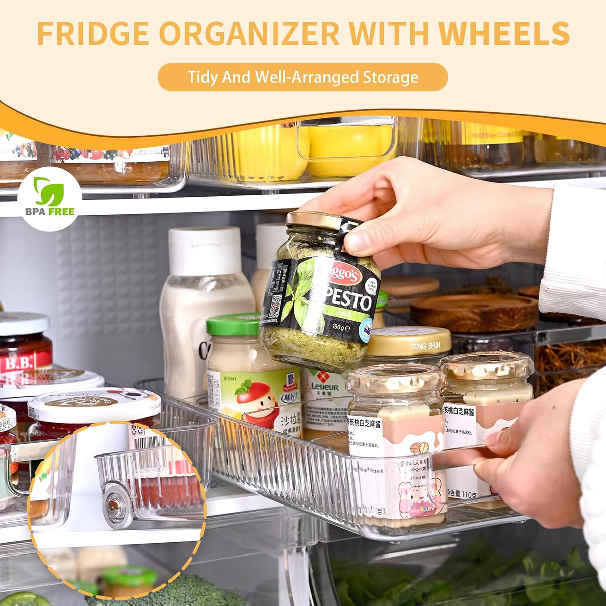 Refrigerator Organizers and Storage 2pcs Rolling Storage Bins Fridge Organizer BPA-Free Refrigerator Organizer for Deep Cabinet