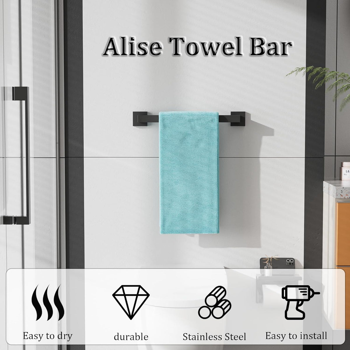 Alise Black Towel Bars,15.75 Inch Towel Holder Towel Racks for Bathroom and Lavatory,SUS304 Stainless Steel Hand Towel Hanger Rail Wall Mount,Useable Length 13.98 Inch Towel Bar, GYT040-B
