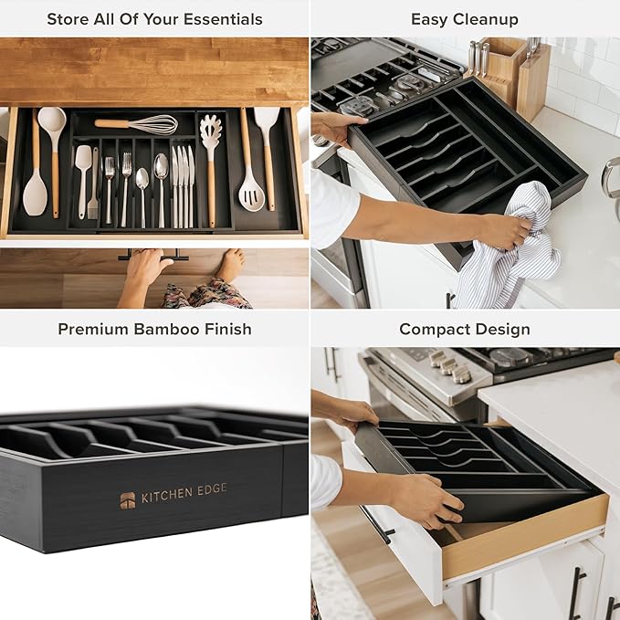 Premium Silverware, Flatware and Utensil Organizer for Kitchen Drawers, Food-Safe Contract Grade, Expandable from 18 to 33 In, Black Bamboo