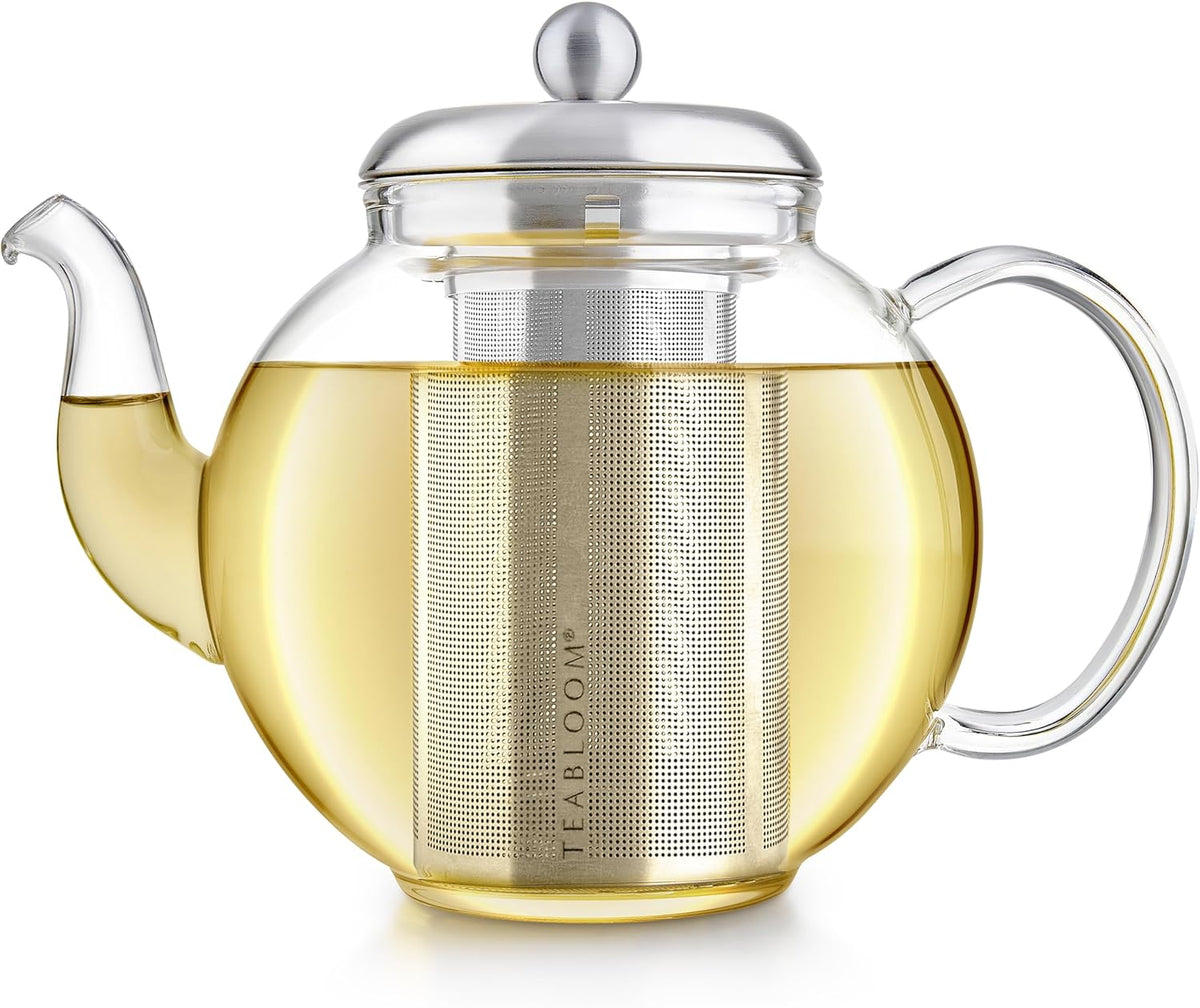 Teabloom Heritage Borosilicate Glass Teapot – 40 oz Classic Round Design with Stainless Steel Infuser – Stovetop Safe, Drip-Free Spout, Durable Heat-Resistant Tea Kettle for Loose Leaf or Teabags