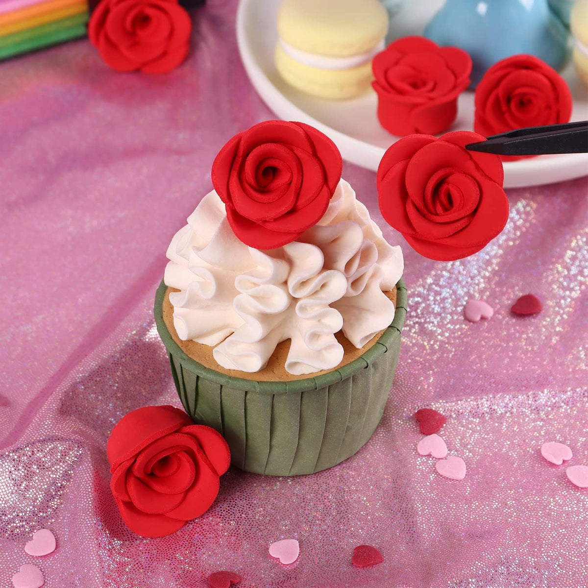 Edible Valentine Icing Decoration, Red Rose Icing Decoration, Royal Icing Heart Sprinkle, Strawberries Sugars Sprinkles for Cupcake Topper, Cake, Ice Cream, Macaron, Cookies and Chocolate.