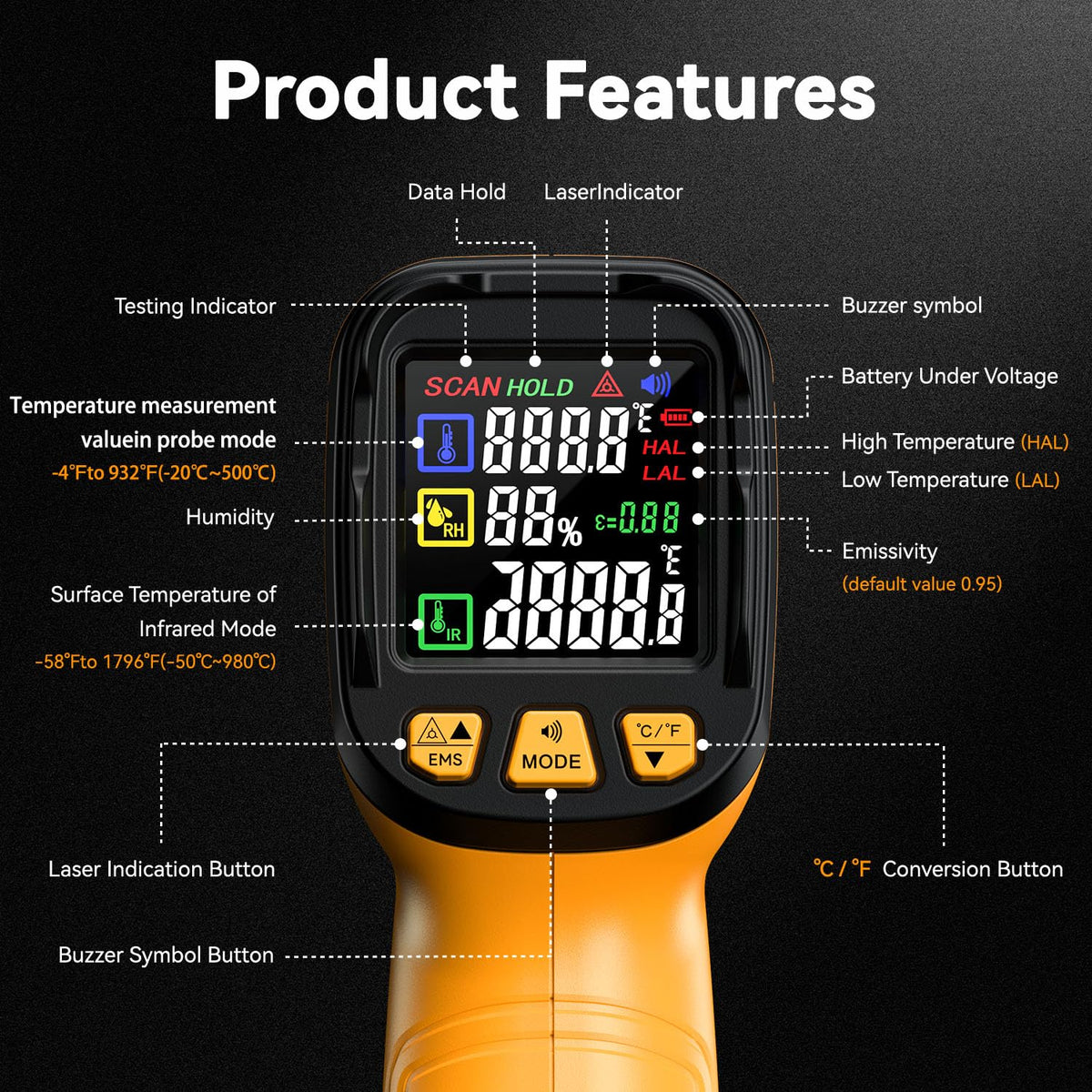 50:1 Infrared Thermometer IR Laser Gun, -58°F to 1796°F, Digital Temperature Gun/K-Type Probe -4°F to 932°F & Humidity Sensor for Cooking, Pizza Oven BBQ HVAC Home-Industrial Use