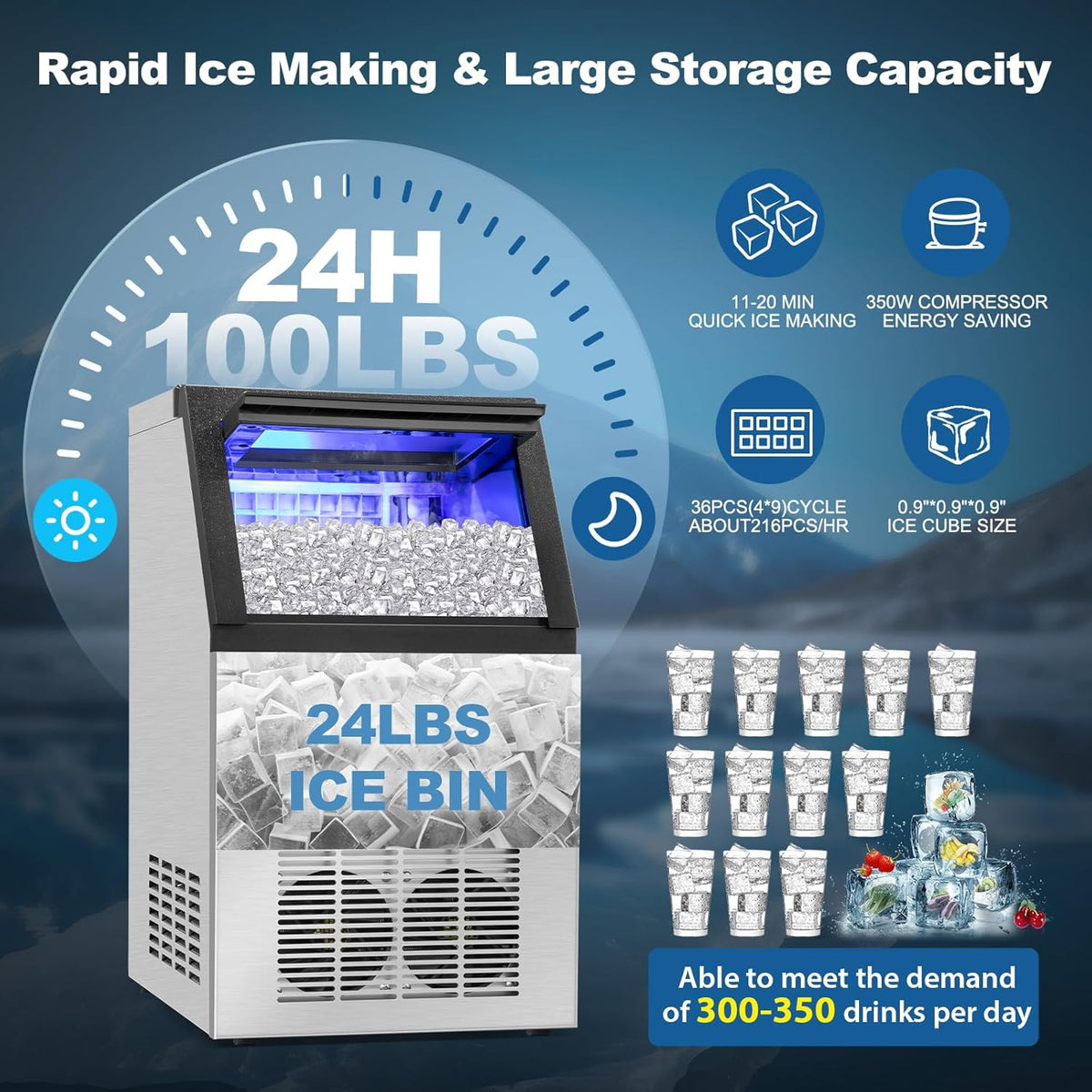 Commercial Ice Maker Machine 100Lbs/24H with 2 Water Inlet Modes, 36Pcs Ice Cubes in 8-15 Mins, Stainless Steel Under Counter/Freestanding Ice Machine with 24Lbs Storage Bin for Home/Shop/Office/Bar