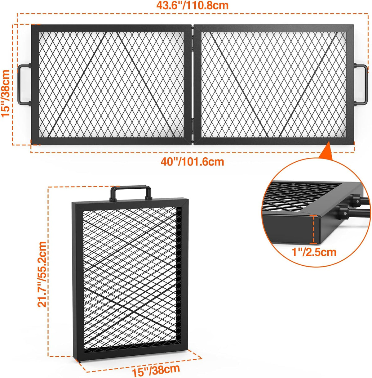 Onlyfire Foldable X-Marks Fire Pit Cooking Grate, Portable Rectangle Campfire Grill Grate with Handles, Heavy Duty Steel Campfire BBQ Grill for Outdoor, 40 inch