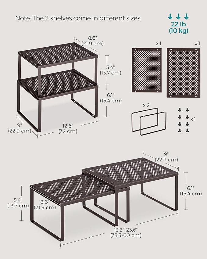 SONGMICS Spice Racks, Set of 4 Metal Cabinet Shelf Organizers, Countertop Organizers, Shelf Risers, Stackable, Expandable, Brown UKCS06BR
