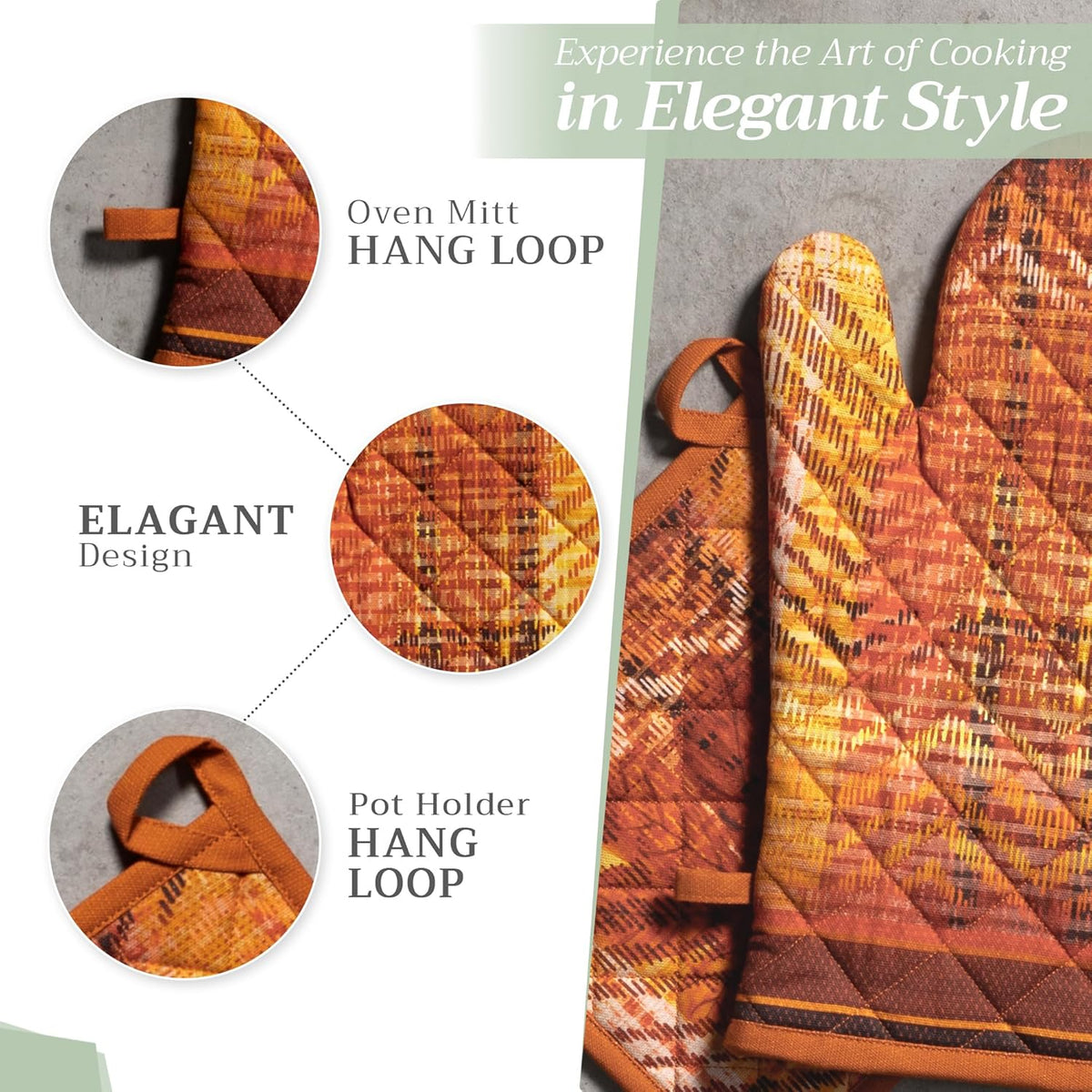 Maison d' Hermine 100% Cotton Oven Mitt & Pot Holder Set (7.5"x13" & 8"x8") Heat Resistant BBQ Cooking Gloves with Loop, Baking, Grilling, Kitchen, Handling Hot Pans (Thanksgiving Tartan)