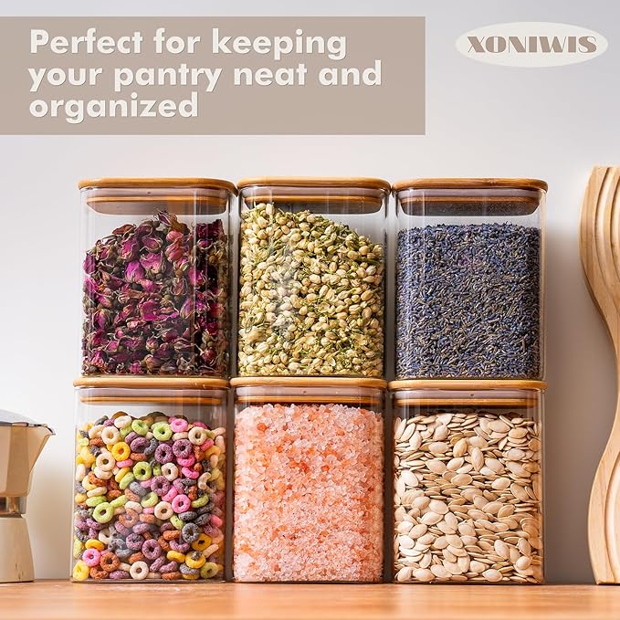37oz 4PCS Glass Storage Containers with Lids, Glass Jars with Lids Pantry Food Storage Jars, Square Canister For Cookie, Nuts, Snack, Cereal, Candy, LeafTea, Coffee, Spice