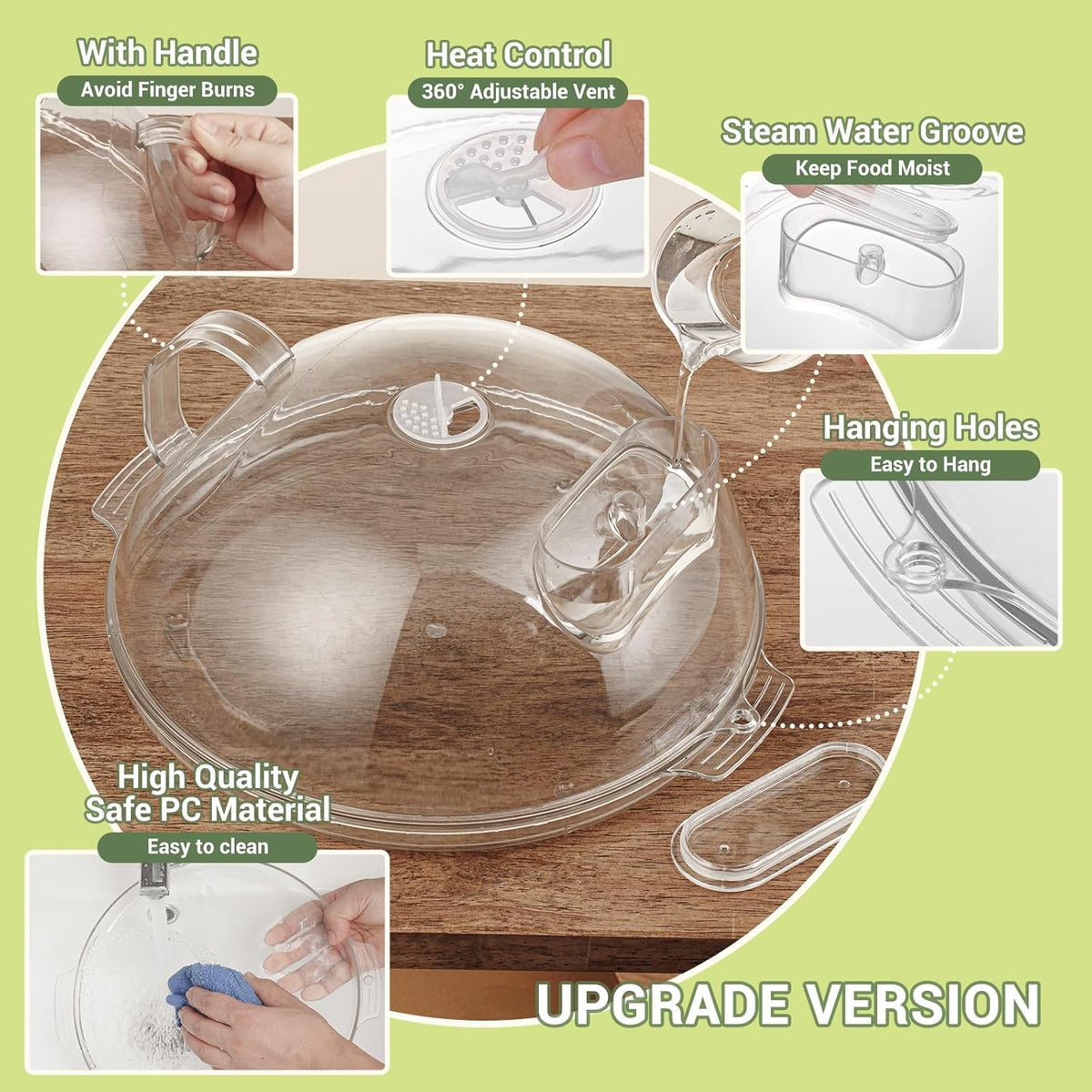 WENWELL Microwave Splatter Cover with Water Steamer,Protect Food Splashes,Dish Bowl Plate Serving Lid with Handle,BPA-Free,Clear Safe Plastic,Microwave Cover for Food,10 Inch