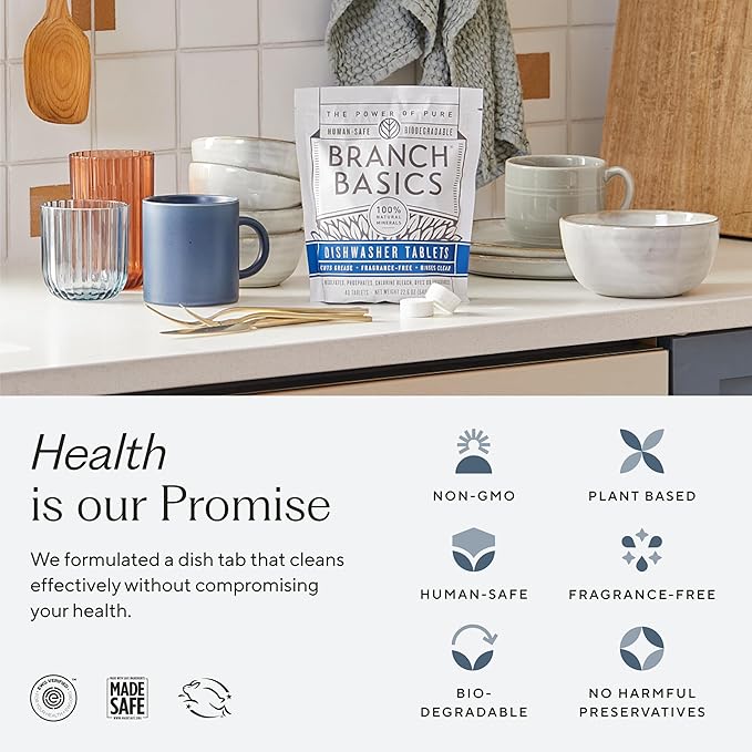 Branch Basics Dishwasher Tablets – 40 Ct, 3 Pack | Plastic-Free, Fragrance-Free, Human-Safe | Delivers a Powerful Clean Without Harsh Chemicals